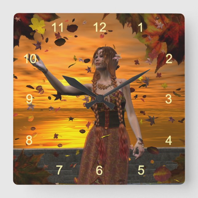 Elf in Falling Leaves Against an Autumn Sunset Square Wall Clock (Front)