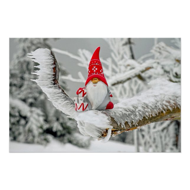 Elf in Ice Storm with Presents and Red Hat Poster (Front)
