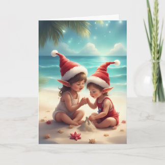 Elf Kids on the Beach – Christmas Sandcastle Card