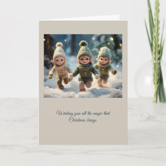 Elf Kids Running in the Snow Custom Text Holiday Card