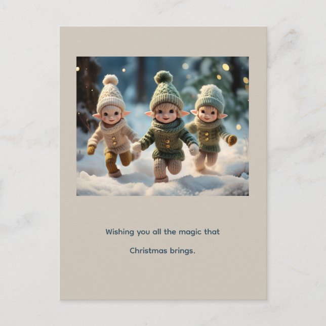 Elf Kids Running in the Snow Custom Text Holiday Postcard (Front)