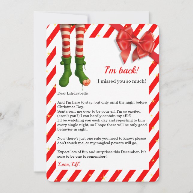 Elf Letter “I’m Back” | Funny North Pole Arrival  Holiday Card (Front)
