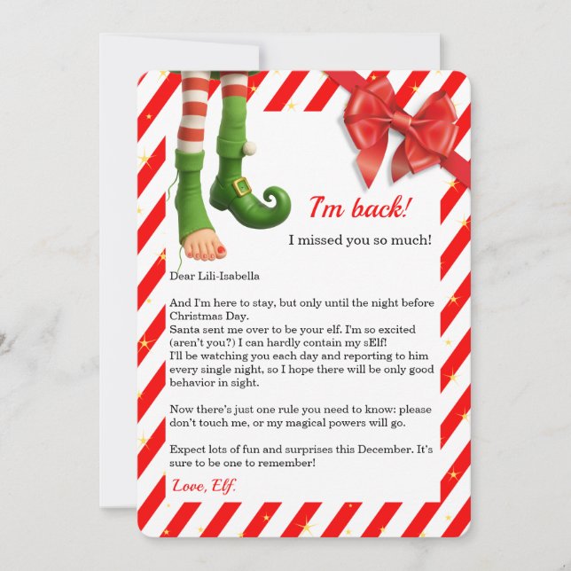 Elf Letter “I’m Back” | Funny North Pole Arrival  Holiday Card (Front)