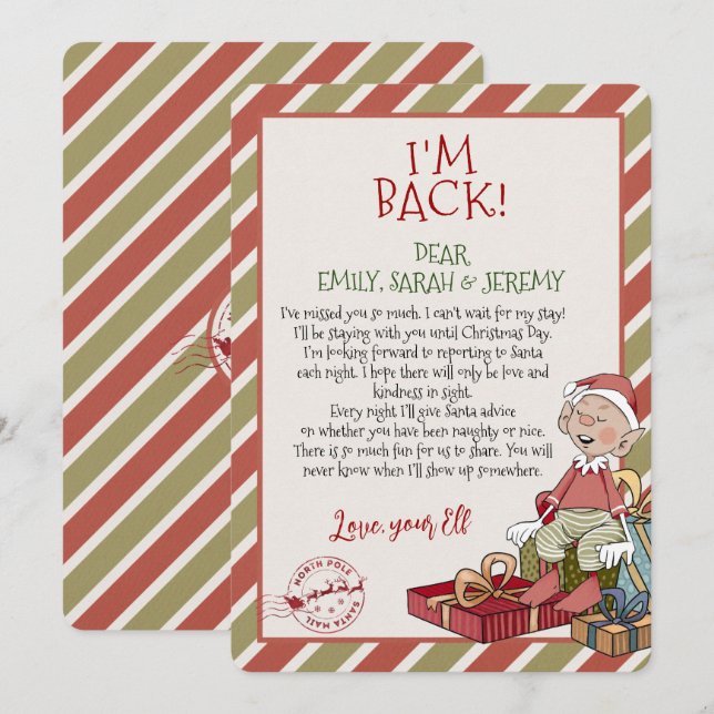 Elf Letter "I'm Back" for Christmas Invitation (Front/Back)