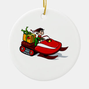 elf on snow mobile ceramic ornament