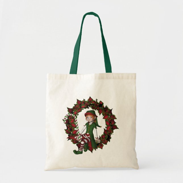 Elf On Wreath Christmas Holiday Tote Bag (Front)