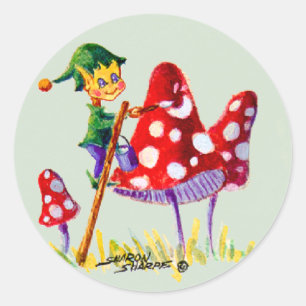ELF PAINTING MUSHROOM by SHARON SHARPE Classic Round Sticker