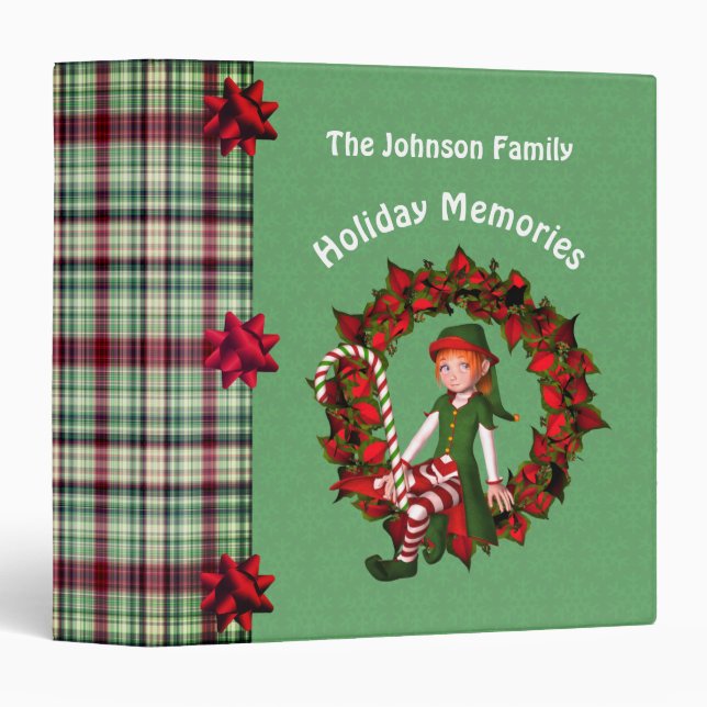 Elf Poinsettia Wreath Holiday Personalized Photo Binder (Front/Spine)