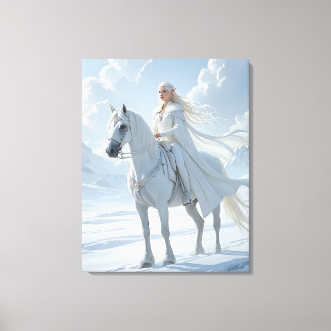 Elf Queen Riding a Majestic White Horse Canvas Print (Front)