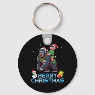 Elf Riding Gorilla Snowman Present Merry Christmas Keychain