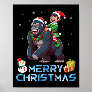 Elf Riding Gorilla Snowman Present Merry Christmas Poster