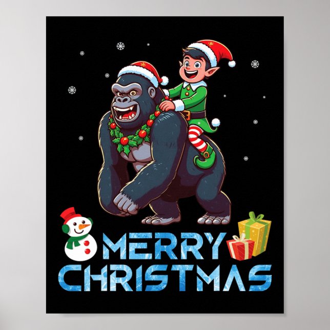 Elf Riding Gorilla Snowman Present Merry Christmas Poster (Front)