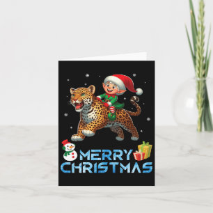 Elf Riding Leopard Snowman Present Merry Christmas Card