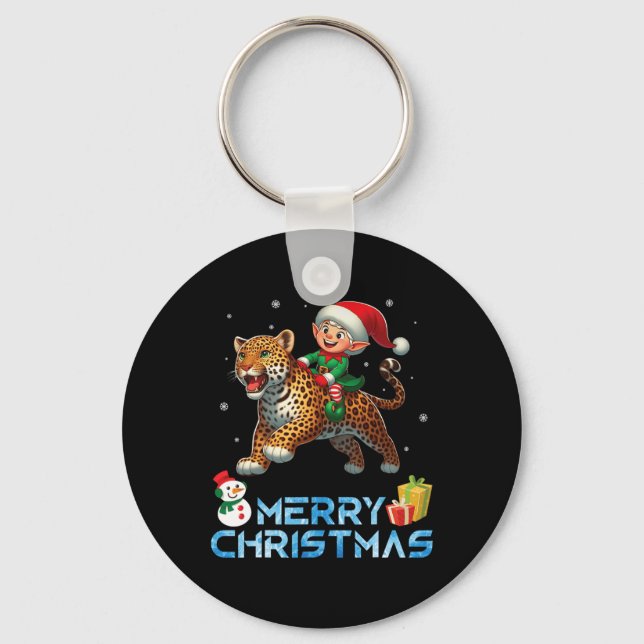 Elf Riding Leopard Snowman Present Merry Christmas Keychain (Front)