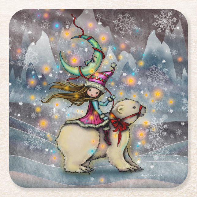 Elf Riding Polar Bear Christmas Holiday Art Square Paper Coaster (Front)