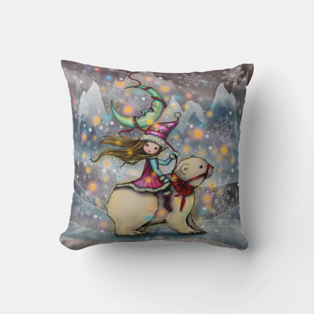 Elf Riding Polar Bear Christmas Holiday Art Throw Pillow (Front)
