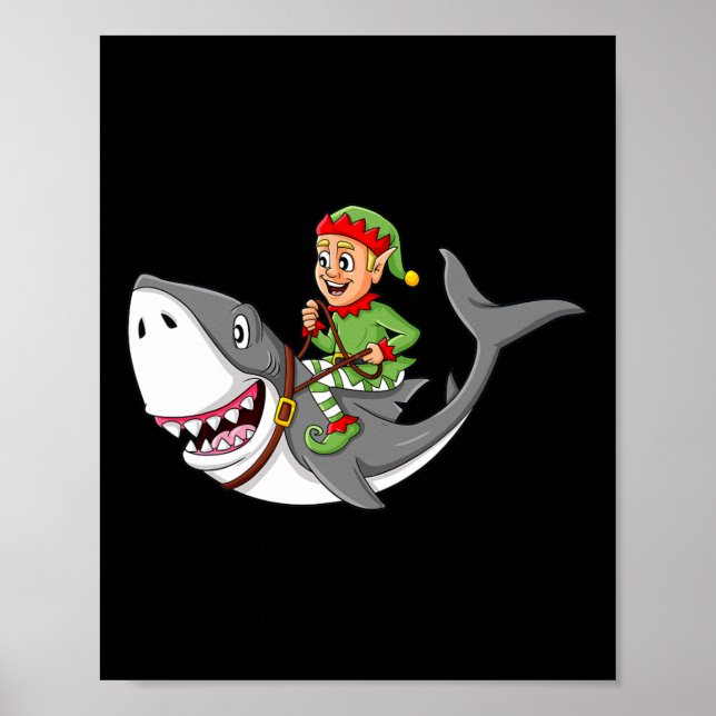 Elf Riding Shark Christmas Boys Girls Kids Xmas  Poster (Front)