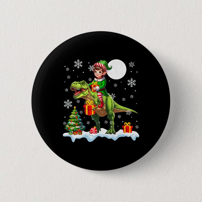 Elf Riding T-rex Christmas Tree Colourful Lights L 2 Inch Round Button (Front)