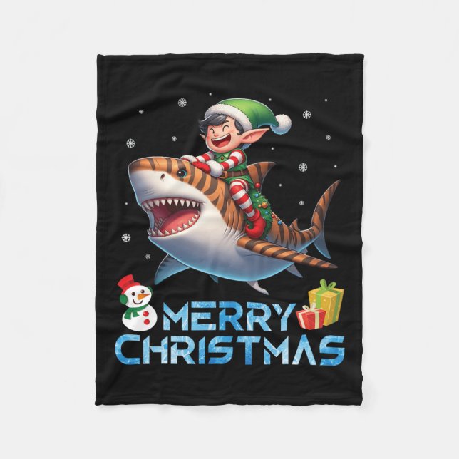 Elf Riding Tiger Shark Snowman Present Merry Chris Fleece Blanket (Front)