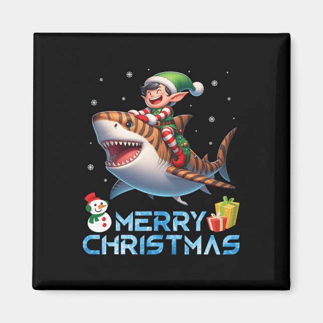 Elf Riding Tiger Shark Snowman Present Merry Chris Magnet (Front)