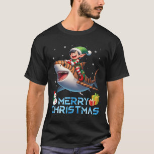 Elf Riding Tiger Shark Snowman Present Merry Chris T-Shirt