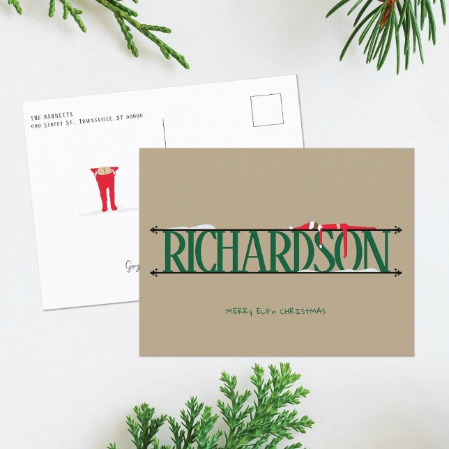 Elf Shenanigans Green & Tan Christmas Postcard (Creator Uploaded)