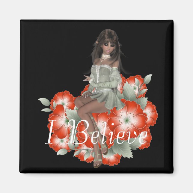 Elf Sitting on Red Flowers Design 1 Magnet (Front)