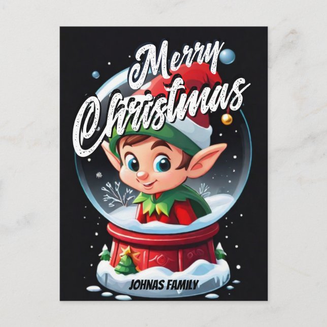Elf Snowglobe Merry Christmas Name Postcard (Front)