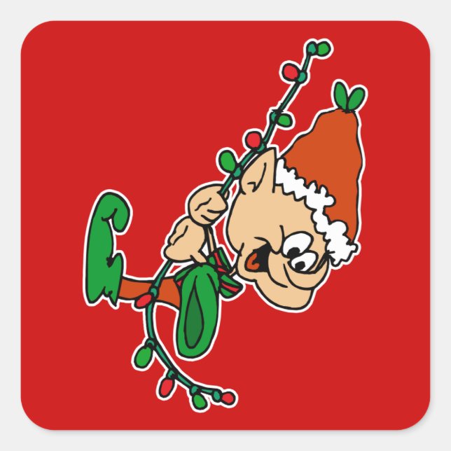 elf swinging on lights square sticker (Front)