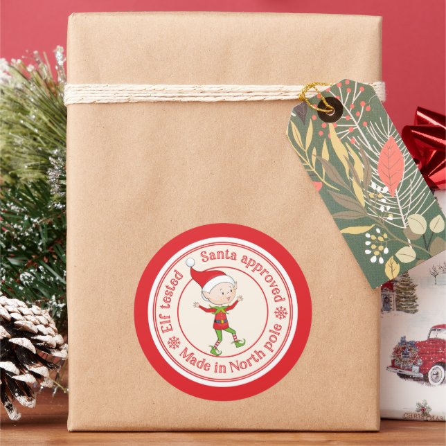 elf tested Santa approved North Pole Classic Round Sticker (Holiday)