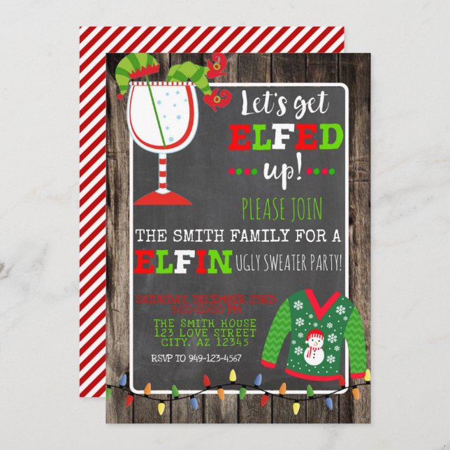 Elf Ugly Sweater Cocktail Christmas Party Invite (Front/Back)