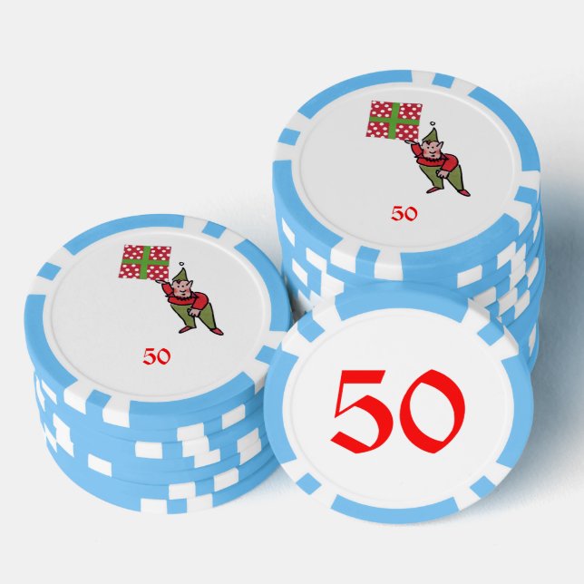 Elf w Polka Dot Gift lt blue 50 striped poker chip (Stack)