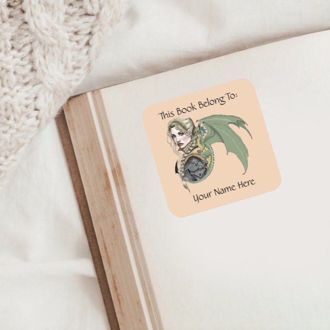 Elf Warrior Dragon Fantasy Bookplate Square Sticker (Creator Uploaded)