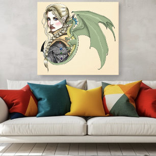 Elf Warrior Dragon Fantasy Magical Medieval Peach Canvas Print