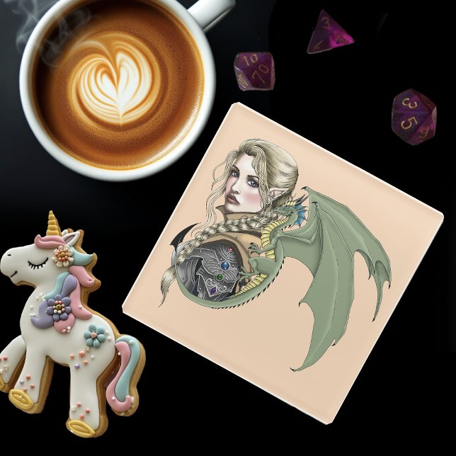 Elf Warrior Dragon Fantasy Magical Medieval Peach Glass Coaster (Creator Uploaded)