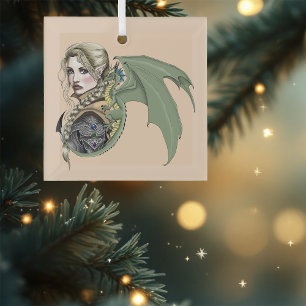 Elf Warrior Dragon Fantasy Magical Medieval Peach Glass Ornament