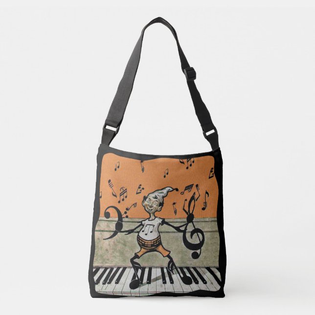 Elf With Black Music Notes on Piano Keys Orange Crossbody Bag (Front)