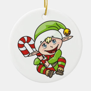 Elf with Candy Cane Ceramic Ornament