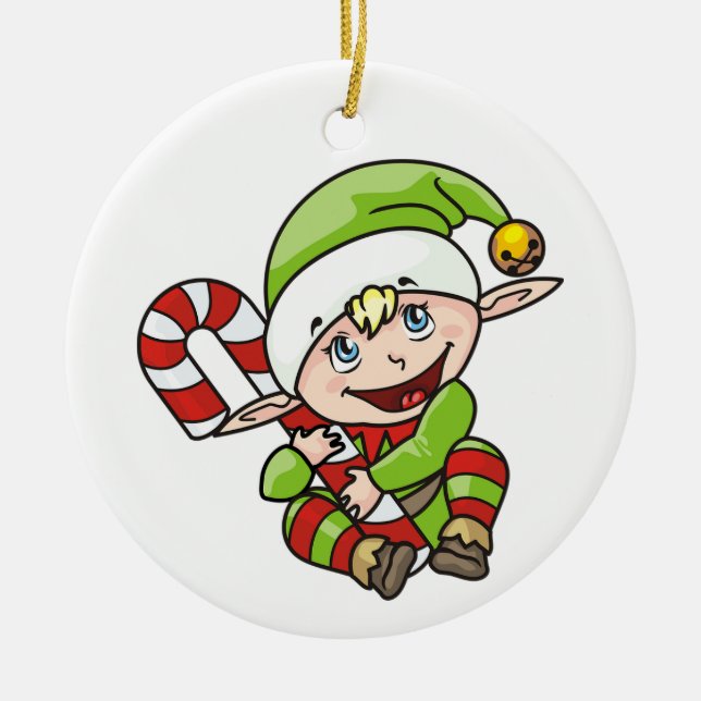 Elf with Candy Cane Ceramic Ornament (Front)