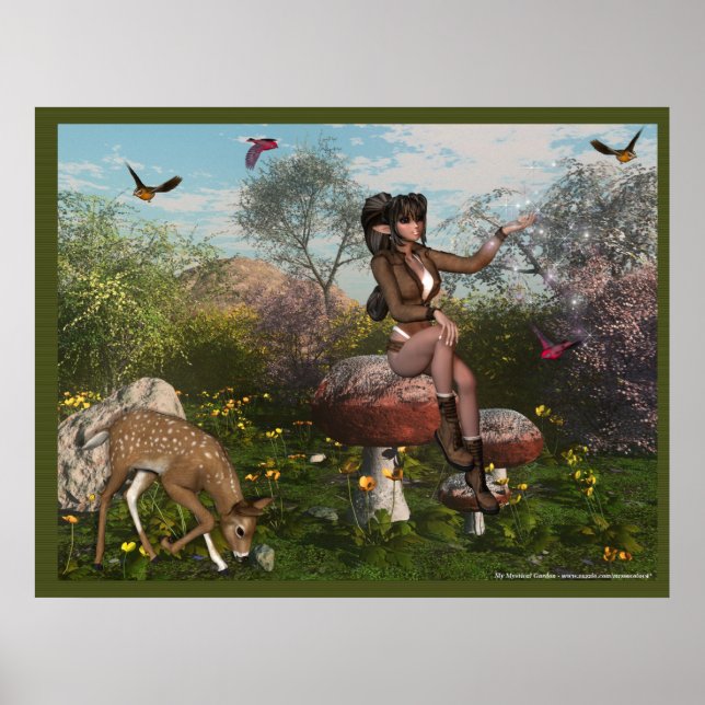 Elf with Deer in the Woods Poster Print (Front)