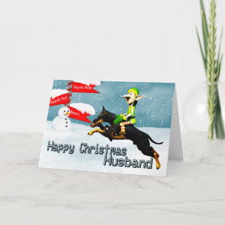 Elf with doberman in the snow christmas husband holiday card