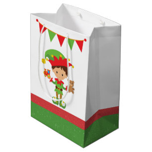 Elf With Gifts and White Background  Wrapping Pape Medium Gift Bag