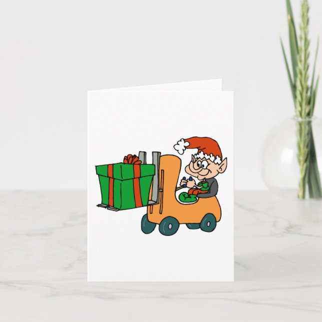 elf with package on forklift holiday card (Front)