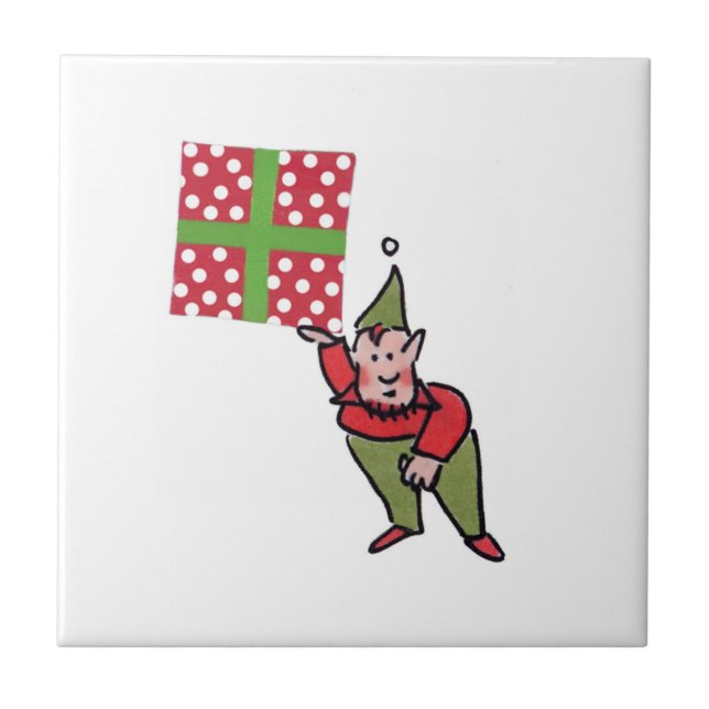 Elf With Polk Dot Gift white small ceramic tile (Front)
