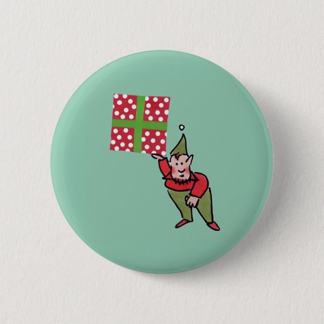 Elf with Polka Dot Gift green button (Front)