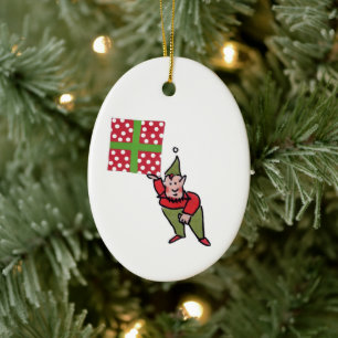 Elf With Polka Dot Gift oval ceramic ornament