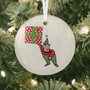 Elf With Polka Dot Gift round glass ornament