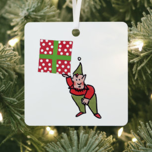 Elf With Polka Dot Gift square metal ornament