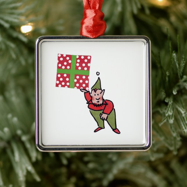 Elf With Polka Dot Gift square premium ornament (Tree)