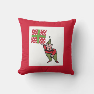 Elf With Polka Dot Gift square red throw pillow